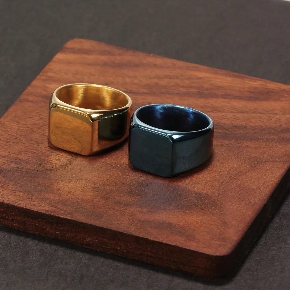 Fashion Men Ring Stainless Steel Simple Style Black Golden Silver Color Square Ring Charm Hiphop Male Jewelry Party Gift